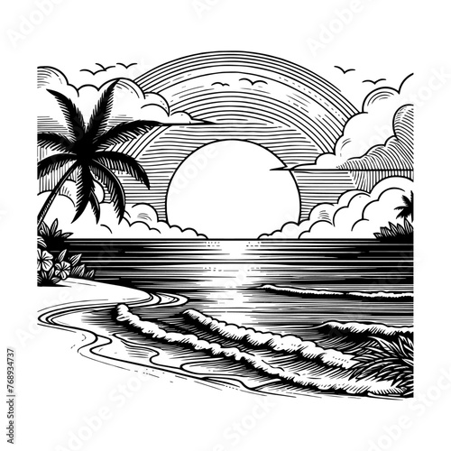 Vector image of a summer sunset tropical beach with palm trees and waves in the background, hand-drawn during sunrise and sunset. Nature scene, children coloring pages of the beach