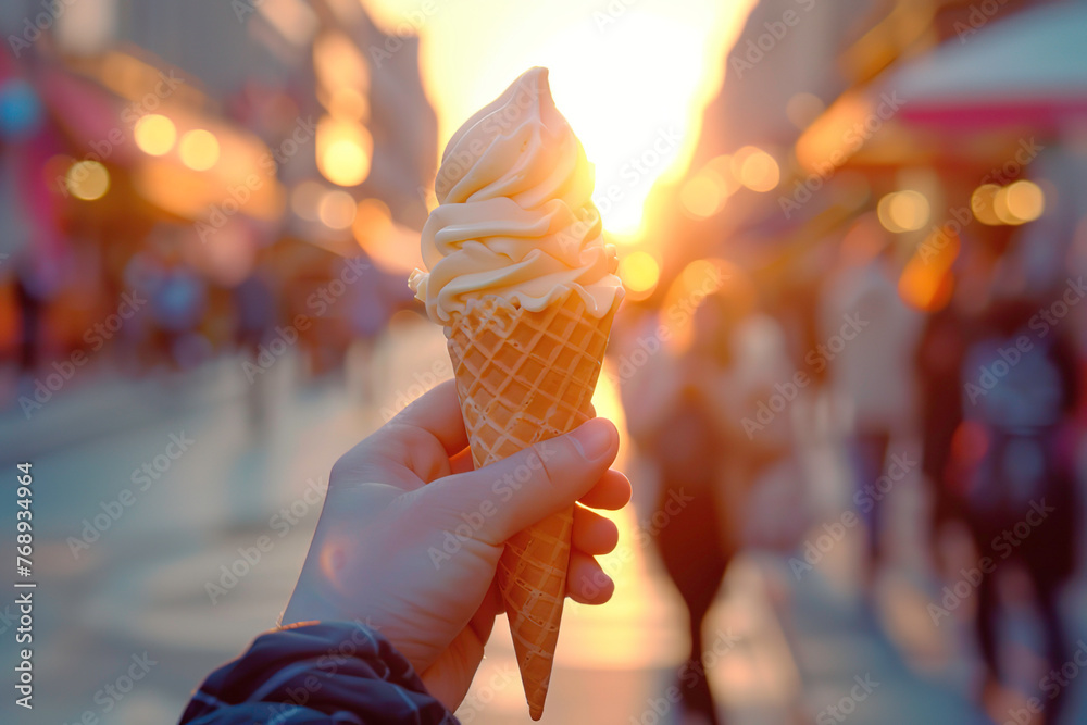 A hand holding an ice cream cone on a blurred background of a street with people at sunset - obrazy, fototapety, plakaty 