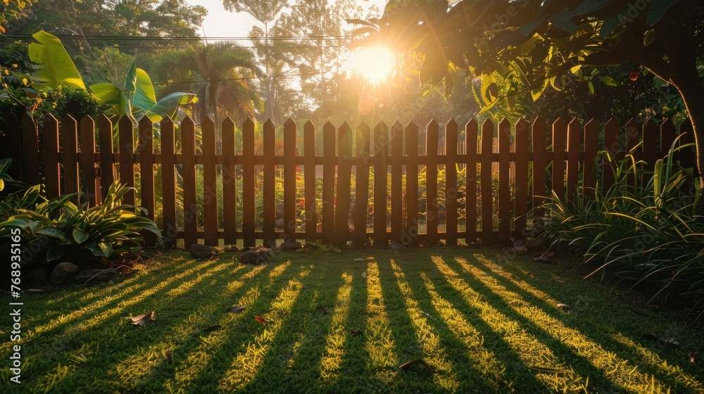 Sunset Rays Through Wooden Garden Fence Warm sunset light streaming through a picket fence, casting long shadows on a lush green garden.