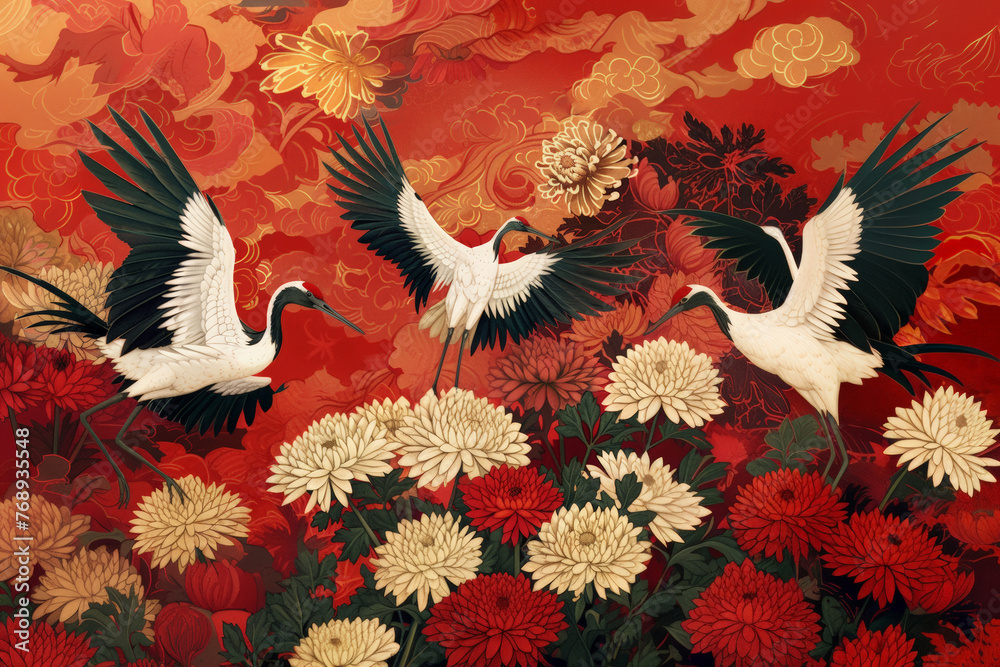 Fototapeta premium Three cranes and white chrysanthemums, art illustration poster, red background