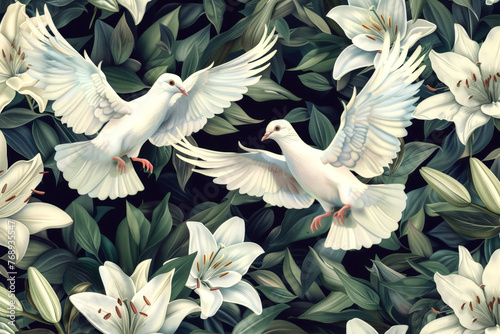 A couple of white doves and white lilies, art illustration poster, Christian symbols photo
