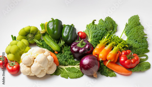 Feast your eyes on a vibrant assortment of fresh vegetables  including cauliflower  broccoli  tomatoes  capsicum  and cabbage  isolated on white background