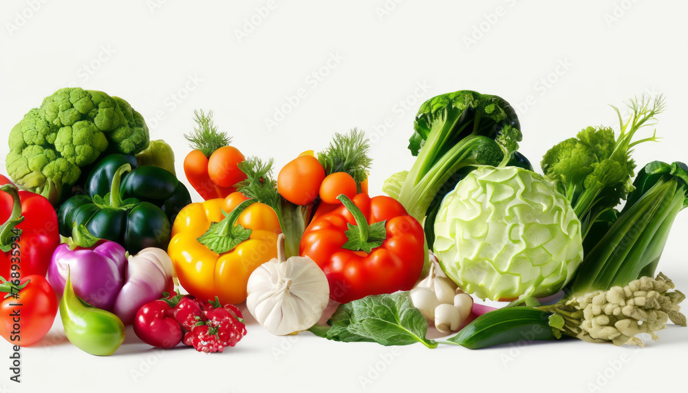 Feast your eyes on a vibrant assortment of fresh vegetables, including cauliflower, broccoli, tomatoes, capsicum, and cabbage, isolated on white background Feast your eyes on a vibrant assortment of fresh vegetables, including cauliflower, broccoli, tomatoes, capsicum, and cabbage, isolated on white background