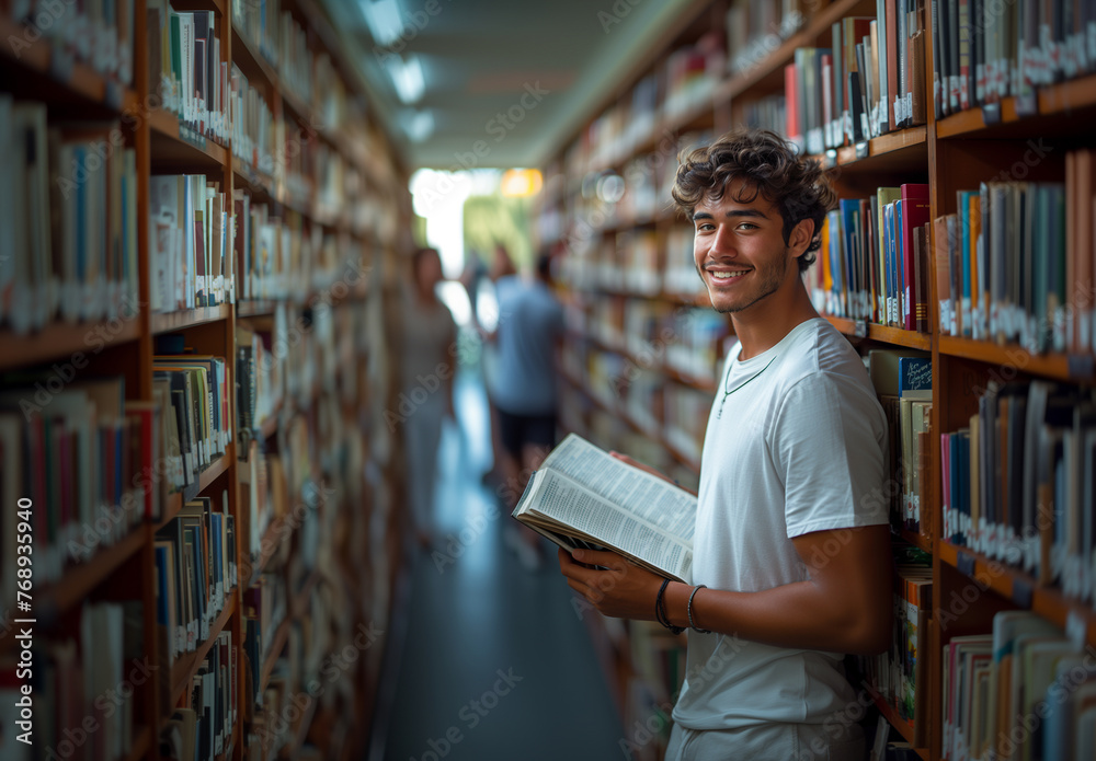 20s hispanic male student standing at the library, holding a book 20s hispanic male student standing at the library, holding a book
