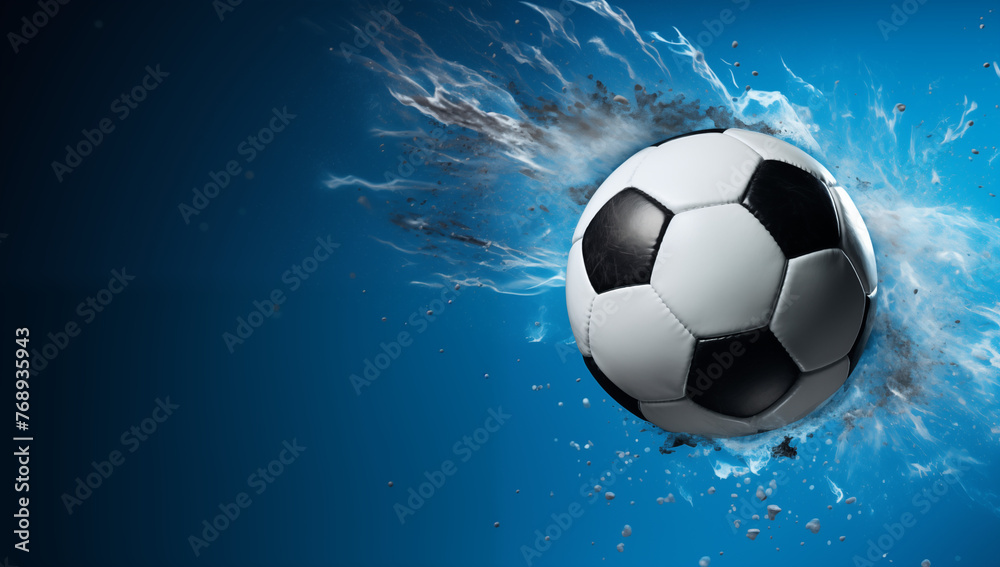 Soccer ball moving on black background with energy streaks behind it, sports success and power and sports and technology concept 