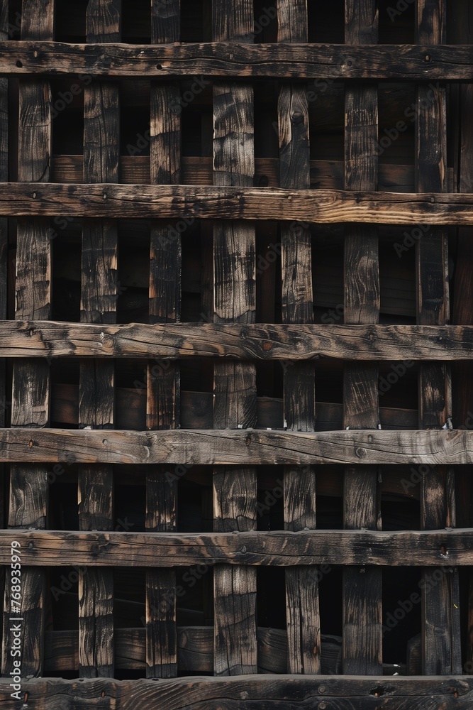 A closeup of the slats in an antique wooden shutter, showcasing their intricate patterns and textures. A closeup of the slats in an antique wooden shutter, showcasing their intricate patterns and textures.