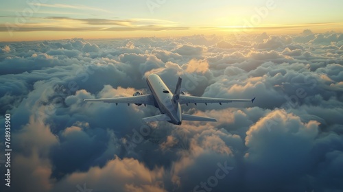 Passengers enjoying the awe-inspiring view from a commercial airplane flying above the majestic clouds
