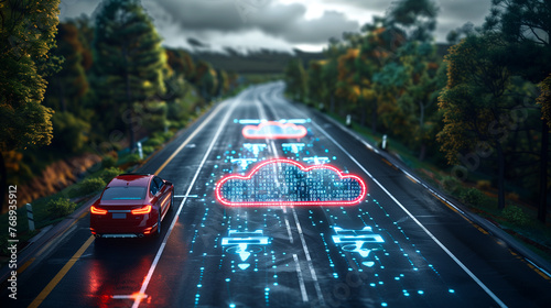 Red electric car driving on a highway with futuristic digital cloud and circuit graphics illuminated above the road photo