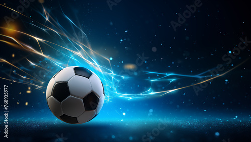 Soccer ball moving on black background with energy streaks behind it, sports success and power and sports and technology concept 