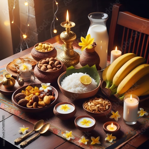 Traditional Sinhala New Year table with lamp, aluwa, milk rice, and banana, captured at eye level.