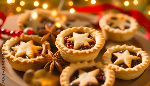 A plate of freshly baked mince pies decorated with bokeh light photo