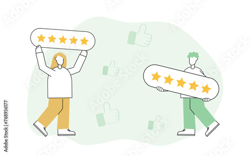 estimation. give a grade for the work. star. vector. flat. people. teamwork. modern style. the golden star. quality assessment. business.