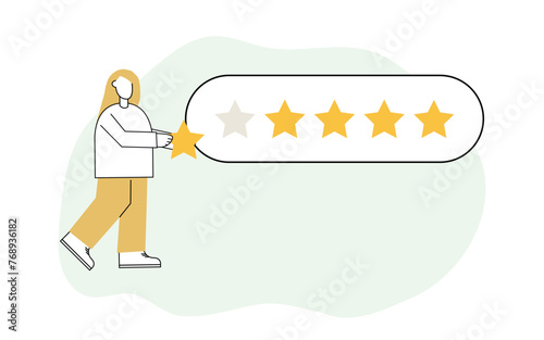 estimation. give a grade for the work. star. vector. flat. people. teamwork. modern style. the golden star. quality assessment. business.