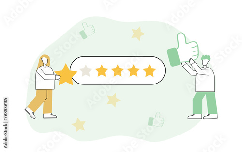 estimation. give a grade for the work. star. vector. flat. people. teamwork. modern style. the golden star. quality assessment. business.