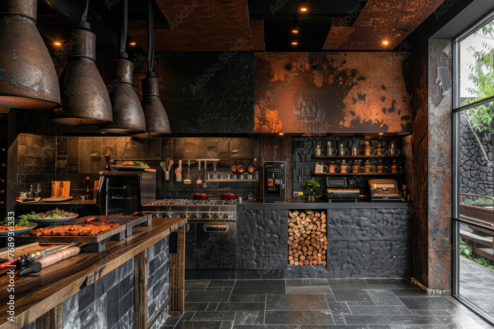 A modern restaurant featuring an open kitchen design, industrial elements, and warm lighting creating an inviting atmosphere.. A modern restaurant featuring an open kitchen design, industrial elements, and warm lighting creating an inviting atmosphere..