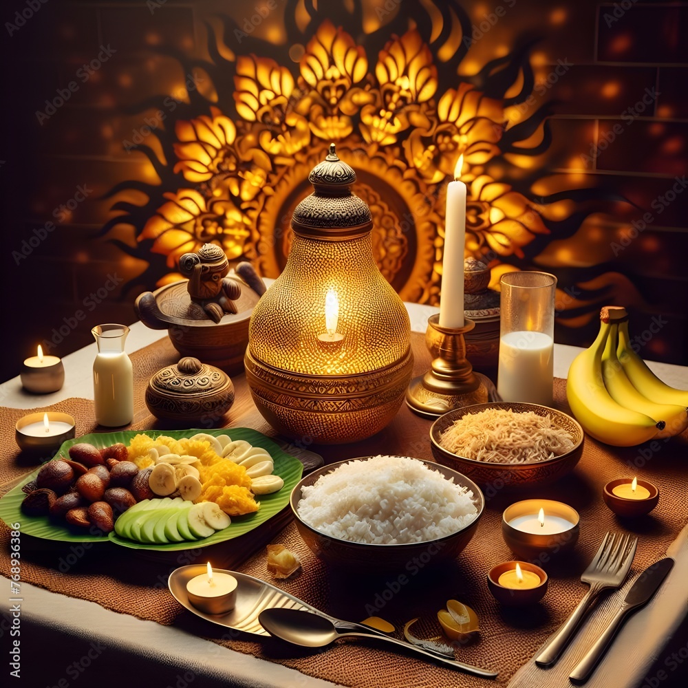 Traditional Sinhala New Year table with lamp, aluwa, milk rice, and