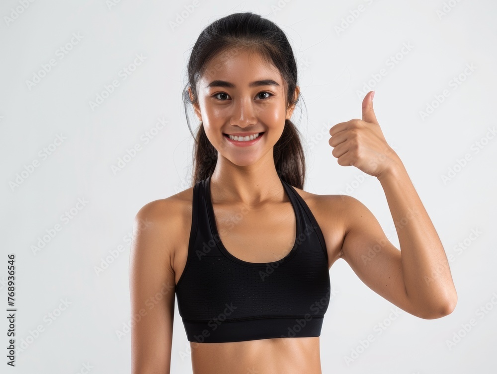 A woman with athletic build smiles and shows thumbs up. Seal of approval. Active lifestyle and sports, health and beauty. A woman with athletic build smiles and shows thumbs up. Seal of approval. Active lifestyle and sports, health and beauty.