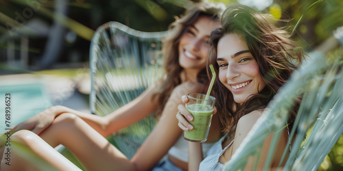 Two young girls are having fun drinking smoothies and enjoying their vacation. Relaxation, vacation, friendship concept.
