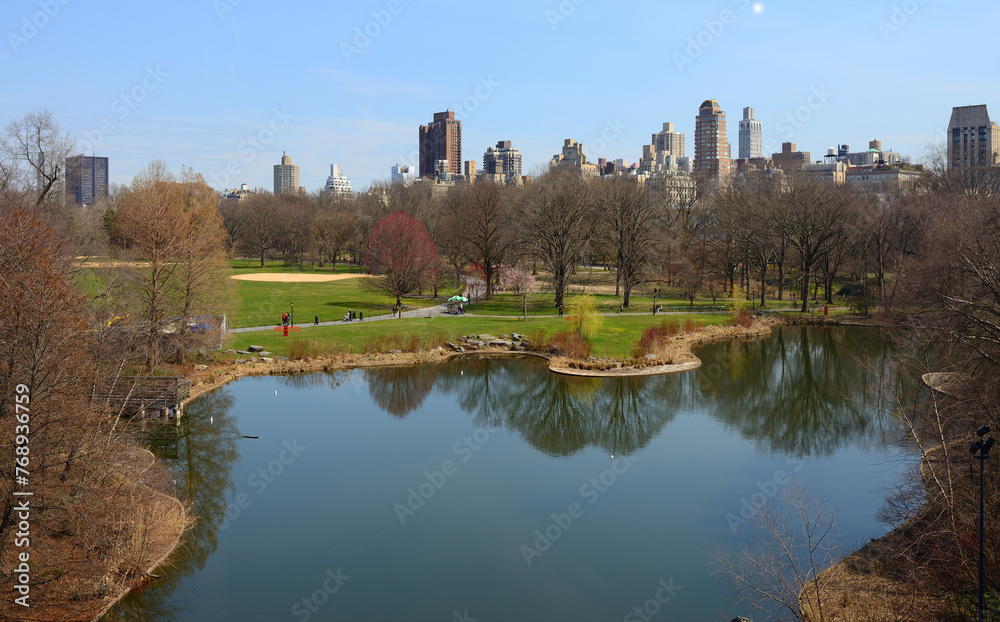 Great Lawn and Turtle Pond in spring. Central Park in Manhattan, New York City, United States