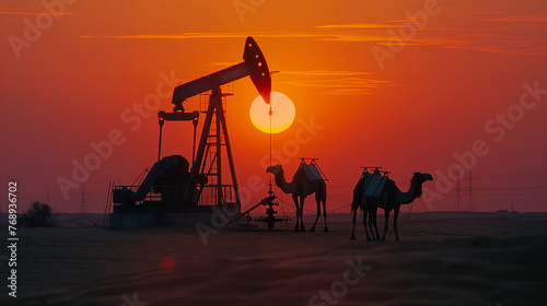 Oil pumps and camels in desert.