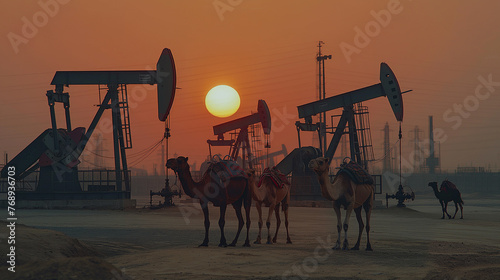 Oil pumps and camels in desert.