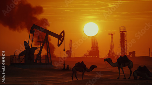 Oil pumps and camels in desert.