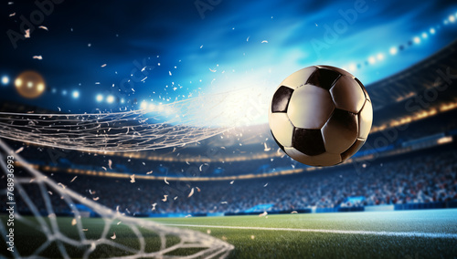 soccer ball with lightning flying on night sky, dark blue background, sports and technology concept