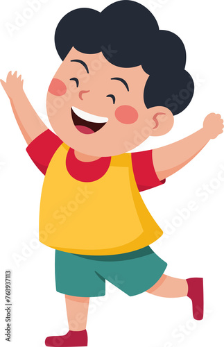 A young boy is jumping up and down with a big smile on his face