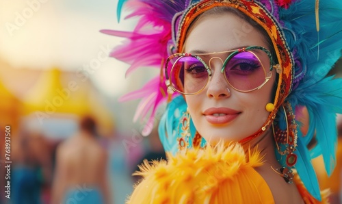 Beautiful girl on carnival with colorful face dress and sunglasses. Beauty model woman with carnival mask at party photo