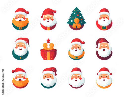 Santa Claus character set. Christmas icon set. Isolated on white background. Christmas ornament. Santa hat  tree  gift box  persent  house  cookies  reindeer and costume. Outline  thin line and flat.