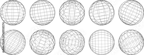 3D spheres grids, wireframe shapes. Globe meshes, ball in various position. 3D orbs, earth globe grid linear wireframe vector y2k elements