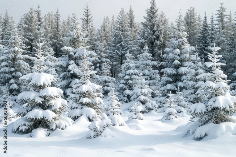 Snow-covered coniferous forest under a cloudy sky, serene winter landscape.