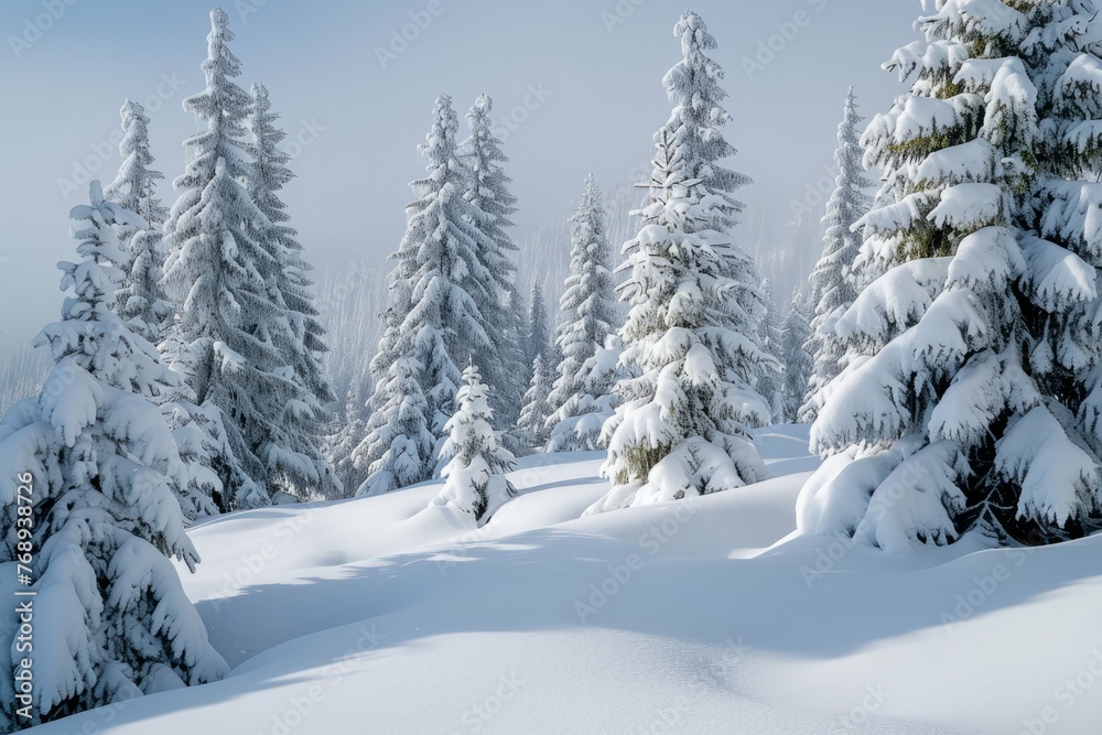 Serene winter landscape with snow-covered pine trees and a soft haze in the background. Serene winter landscape with snow-covered pine trees and a soft haze in the background.