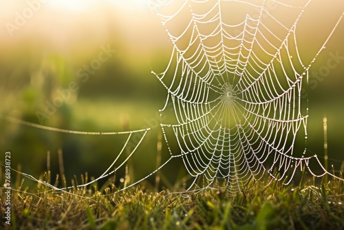 Dew-covered spider web glistening in morning sunlight with a soft-focus green background.