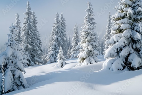 Serene winter landscape with snow-covered pine trees and a soft haze in the background.