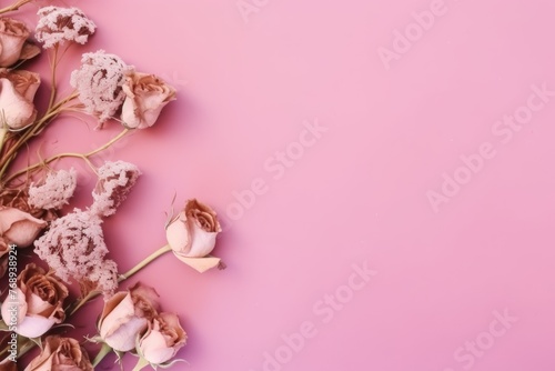 Flat Lay of Dried Roses and Gypsophila on Pink