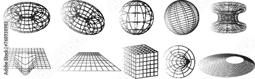 Raster 3D mesh shapes, wireframe shapes. Abstract vector raster image effect that simulates pixels. 3D balls, spheres, planes, cubes, y2k vector elements