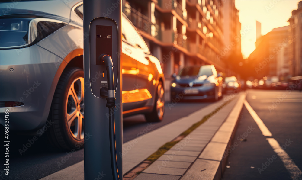 Parking places along the street with chargers for electric car. - obrazy, fototapety, plakaty 