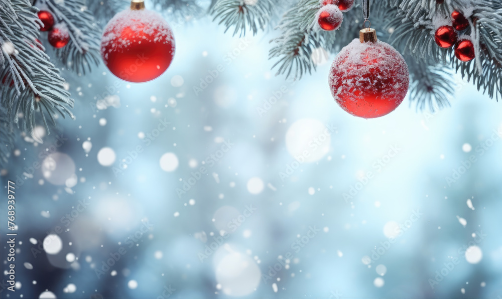 Beautiful red christmas decoration balls in amazing snow Beautiful red christmas decoration balls in amazing snow