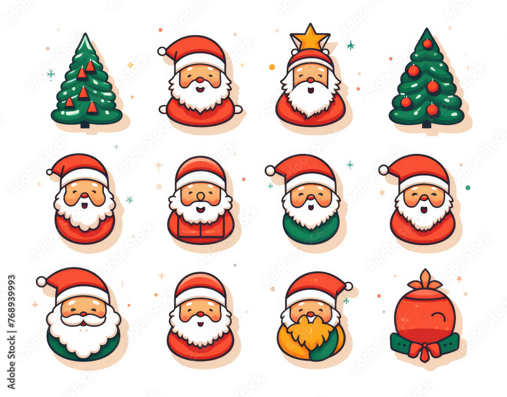 Santa Claus character set. Christmas icon set. Isolated on white background. Christmas ornament. Santa hat, tree, gift box, persent, house, cookies, reindeer and costume. Outline, thin line and flat.