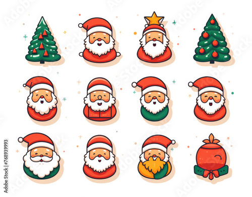 Santa Claus character set. Christmas icon set. Isolated on white background. Christmas ornament. Santa hat  tree  gift box  persent  house  cookies  reindeer and costume. Outline  thin line and flat.