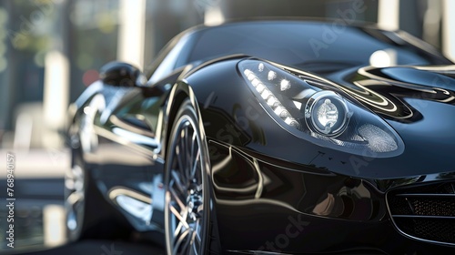 Close up view of sleek black car parked under city lights in urban setting © maxdesign202
