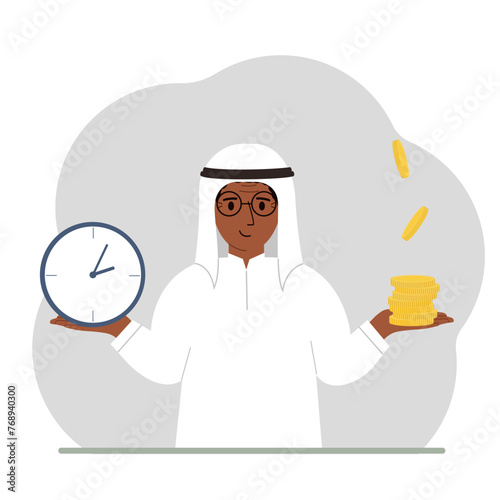 A man makes a decision or chooses between two options or alternatives, a watch and a pile of coins. The concept of time or money, the balance between work and leisure. Vector flat illustration