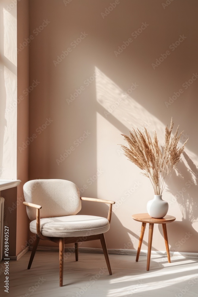 Interior with an armchair, table and vase. Bright hues Interior with an armchair, table and vase. Bright hues