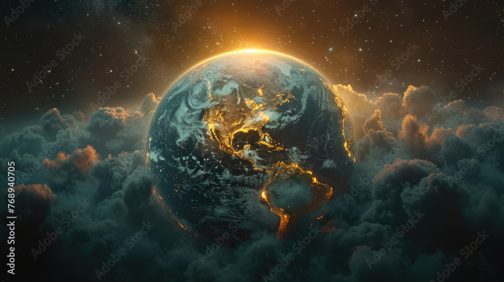 Abstract view of planet Earth from space with glowing city lights and rising sun, surrounded by dark clouds. Globe World background wallpaper. Dramatic cosmic backdrop for astronomy and science themes