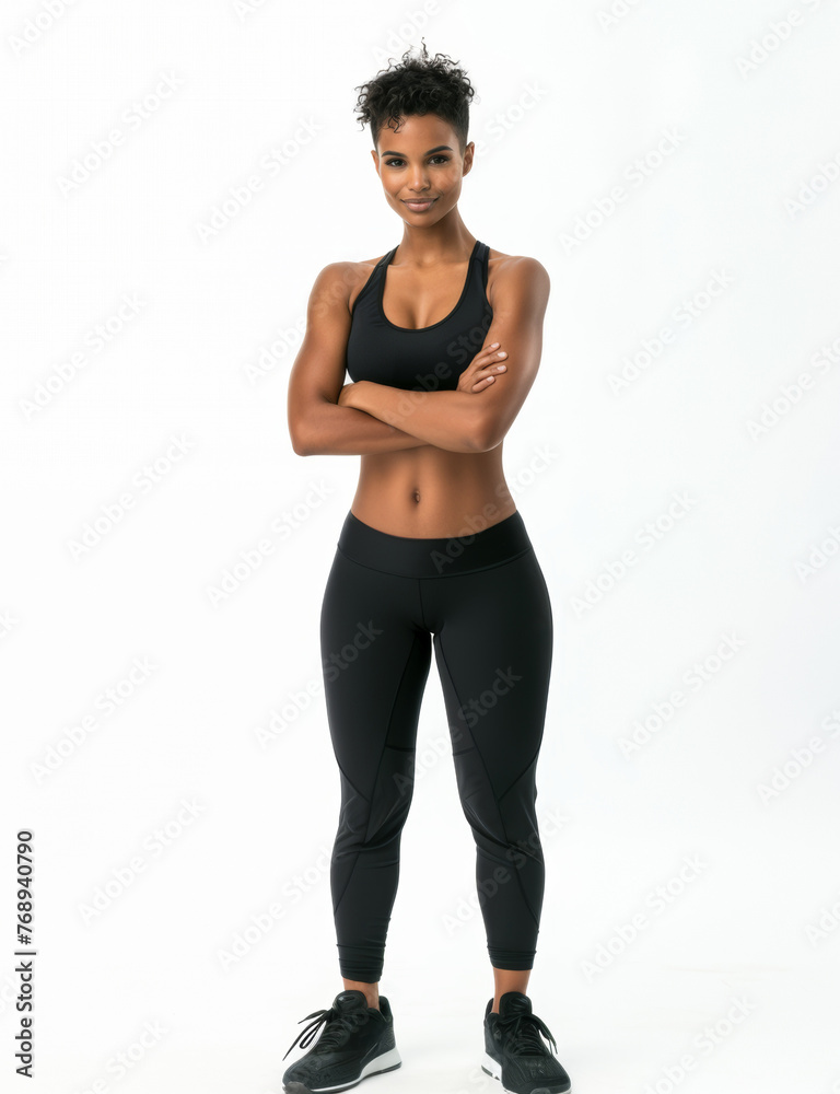 Portrait, fitness and arms crossed with happy black woman in studio on white background for health. Exercise, smile and workout with confident young sports model training for improvement Portrait, fitness and arms crossed with happy black woman in studio on white background for health. Exercise, smile and workout with confident young sports model training for improvement