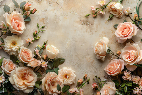 rose florals on grunge beige wall background