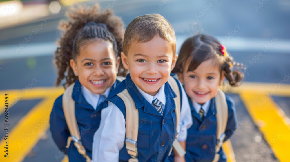 Kindergarten kids in school uniforms, cross the crosswalk on a sunny spring day, back to school. Kindergarten kids in school uniforms, cross the crosswalk on a sunny spring day, back to school.