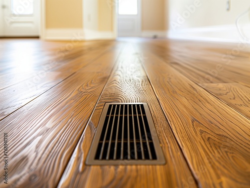 Close up of an empty wooden floor with one air vent in the middle, interior design photography photo