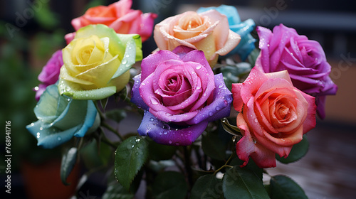 Beautiful multicolored roses with water drops on petals. Generate Ai